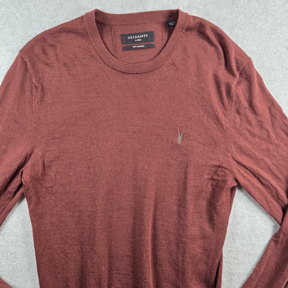 AllSaints Sweater Mens Large Burgundy 100% Merino Wool Crew Neck Ramskull Logo